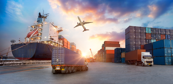 Container truck in ship port for business Logistics and transpor
