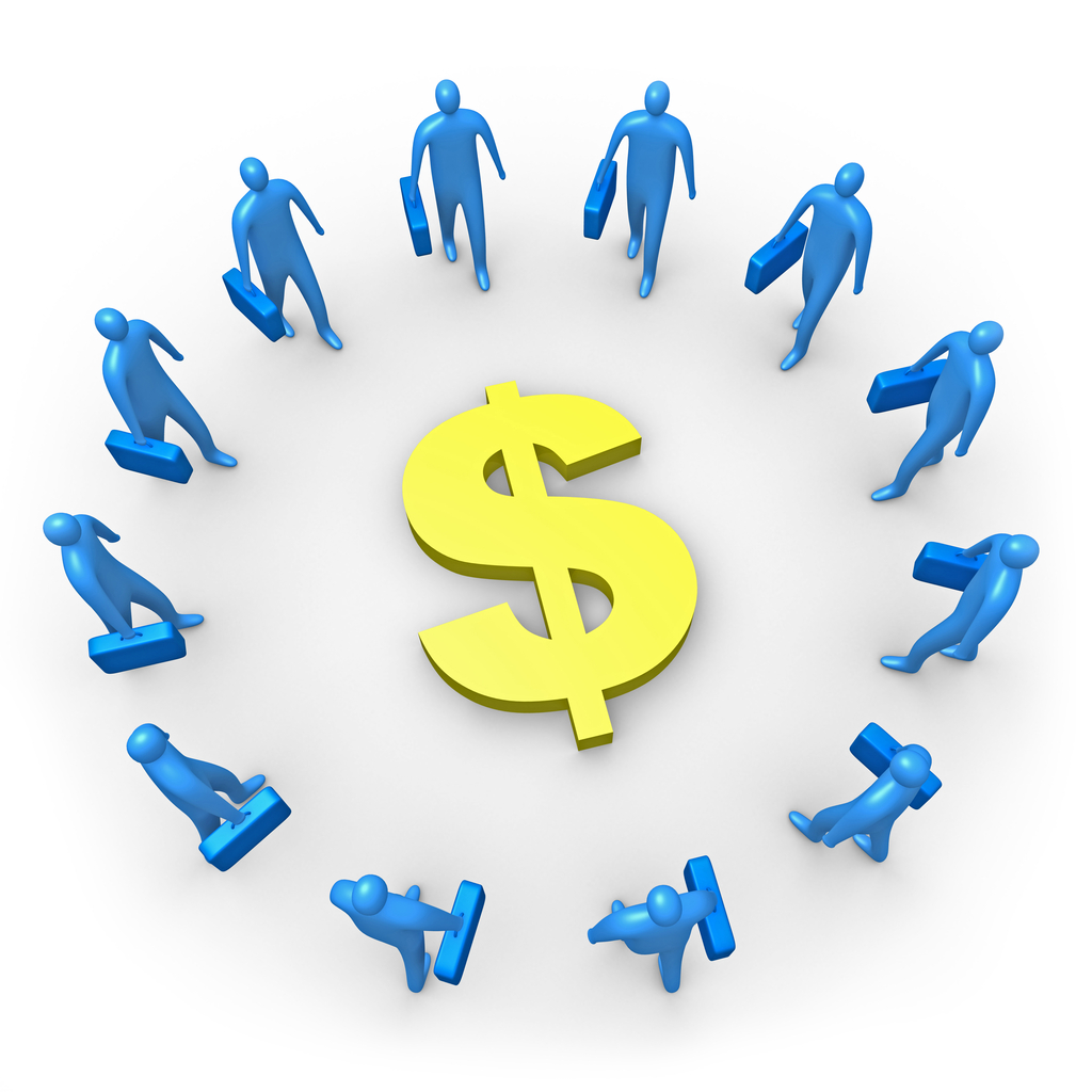 Group Of Blue Businessmen Carrying Briefcases Standing In A Circle Around A Dollar Sign Clipart Illustration Image